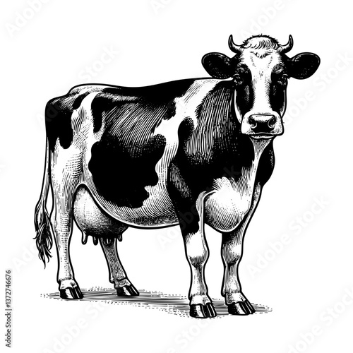 Dairy cow sketch engraving black and white outline. Scratch board imitation.  illustrated in vintage line art style on a white background.