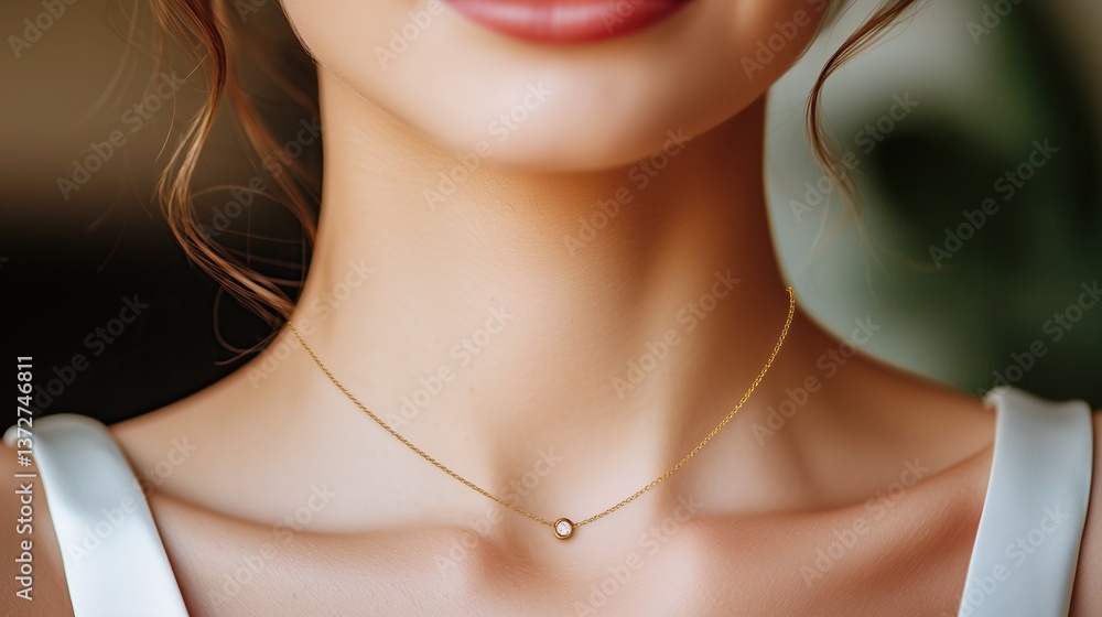 Close up of woman wearing delicate gold necklace with small elegant pendant against soft backdrop Close up of woman wearing delicate gold necklace with small elegant pendant against soft backdrop
