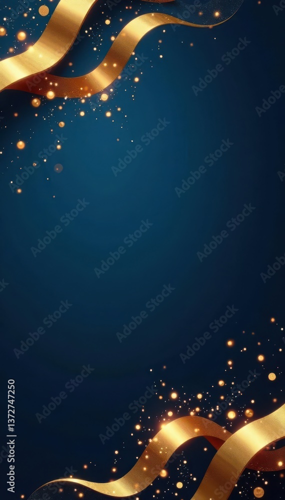 Fototapeta premium Gold abstract wavy shapes and glowing particles create a luxurious Christmas feel on a blue backdrop , abstract, card