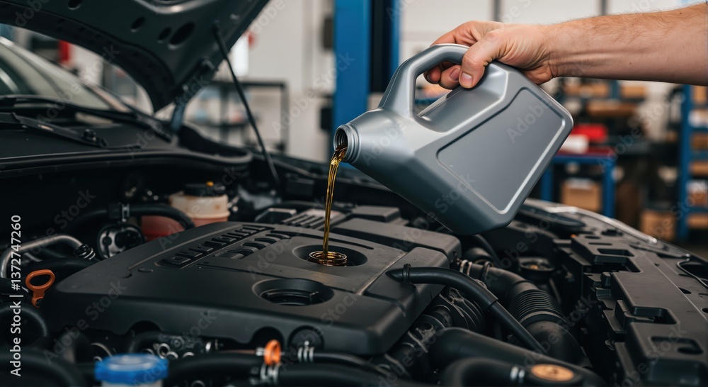 Man pouring engine oil into car engine in auto repair shop Man pouring engine oil into car engine in auto repair shop