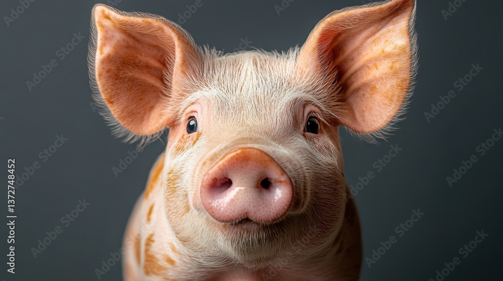 Fototapeta premium Charming Portrait of a Young Piglet with Big Ears and a Pink Snout Against a Dark Gray Background Capturing the Innocence and Curiosity