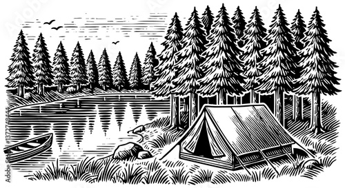 camping on lake landscape sketch engraving black and white outline. Scratch board imitation.  illustrated in vintage line art style on a white background.
