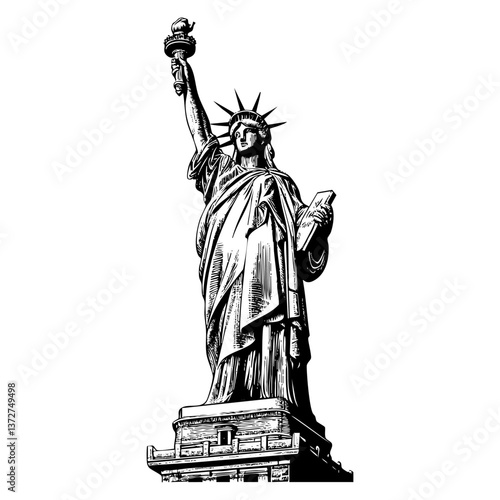 Liberty statue sketch engraving black and white outline. Scratch board imitation.  illustrated in vintage line art style on a white background.