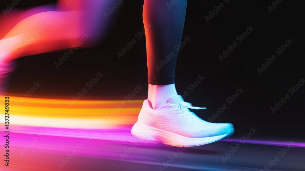 Vibrant motion of running athlete in colorful neon light trails.