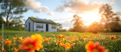 Sunlit flower field surrounding a modern eco-friendly house vibrant nature scene serene evening glow