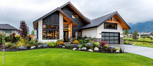 Modern family home with lush landscaping suburban area real estate photography peaceful environment front view comfort and style