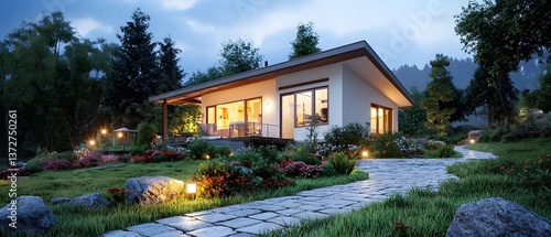 Modern house design serene landscape architectural photography lush environment evening view tranquility concept