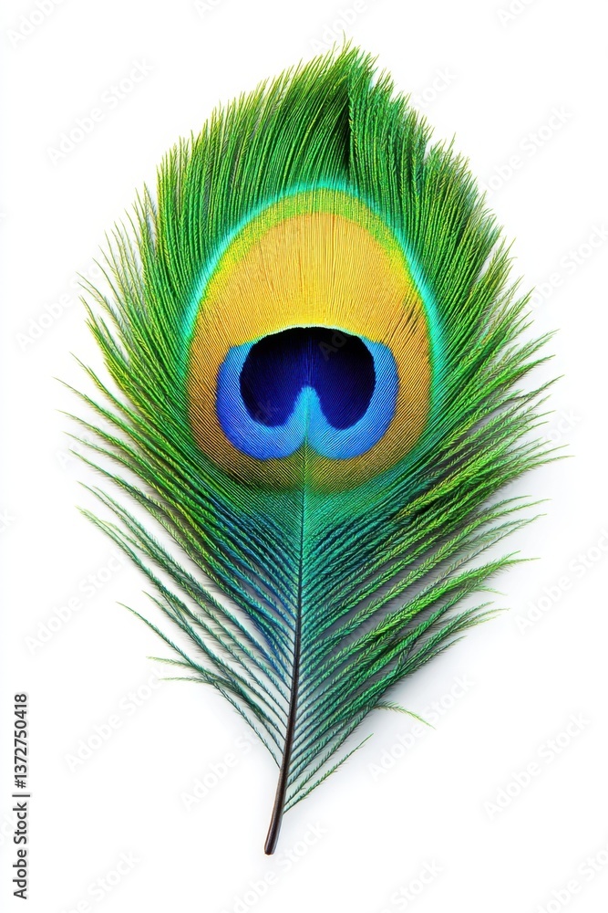 Obraz premium Elegant peacock feather displaying vibrant colors and intricate patterns against a clean white backdrop for design