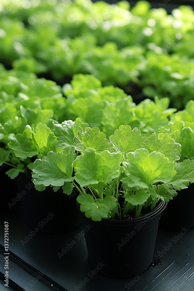 Green plants in black pots organized in rows indoors for planting Green plants in black pots organized in rows indoors for planting