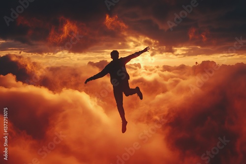 Wallpaper Mural A person jumps against a sunset sky, arms outstretched in excitement Torontodigital.ca