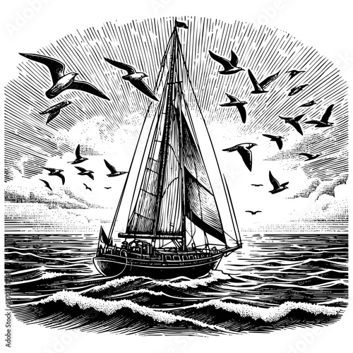 Retro ship engraving sketch engraving black and white outline. Scratch board imitation.  illustrated in vintage line art style on a white background.
