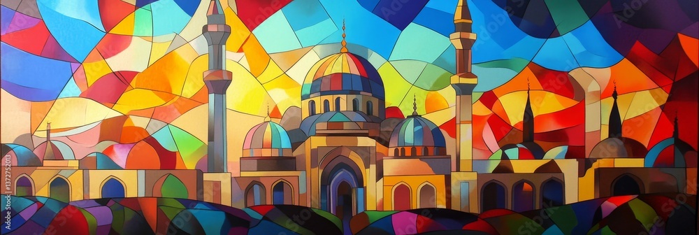 Obraz premium Colorful abstract painting of a building with domes and minarets.