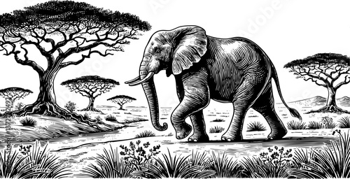 Elephant engraving black and white outline. Scratch board imitation. illustrated in vintage line art style on a white background.