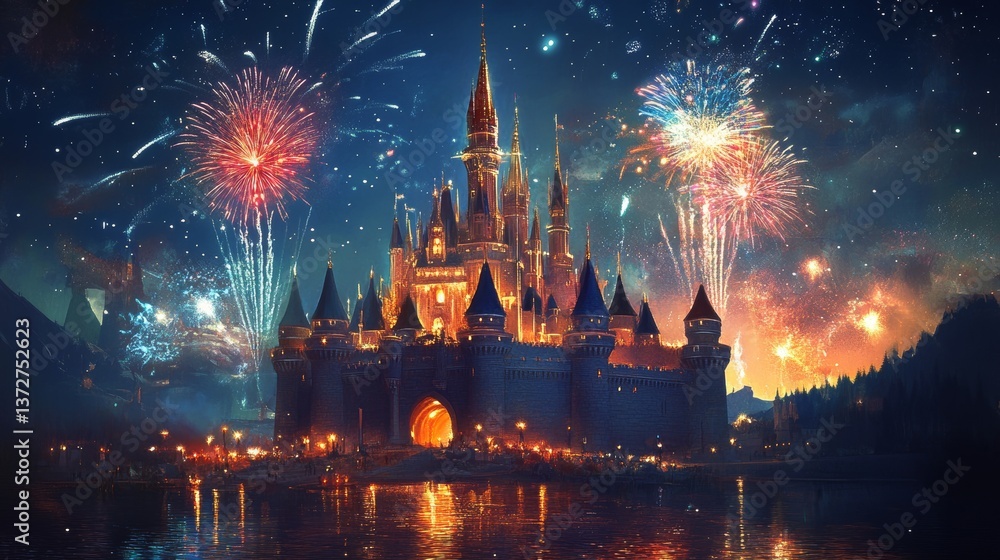 Obraz premium Castle with fireworks above reflected in water at night colorful