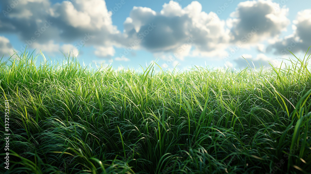 Obraz premium Vibrant green grass field under blue sky with clouds nature landscape photography tranquil environment