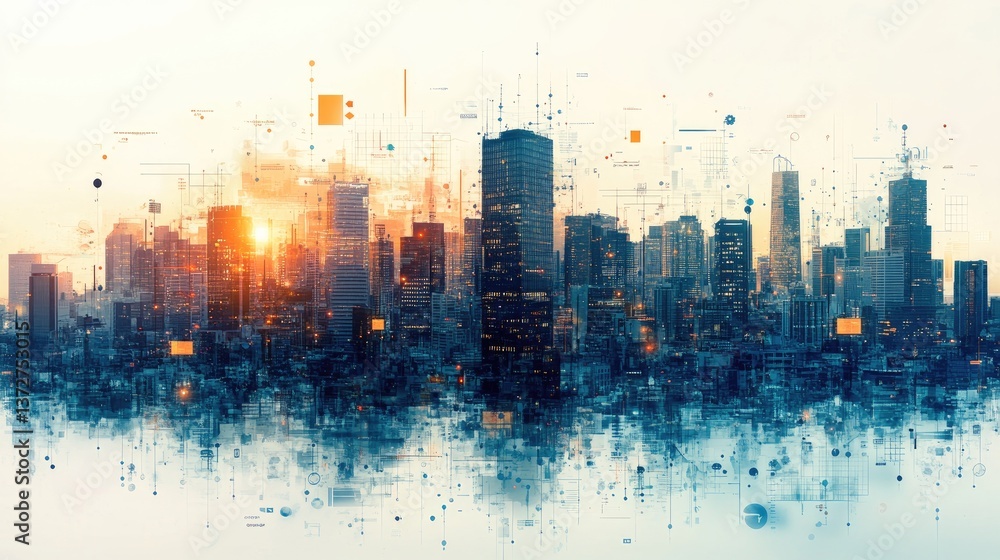 Obraz premium Abstract digital cityscape with buildings and skyscrapers constructed from data and code, symbolizing the seamless integration of technology into urban life. 