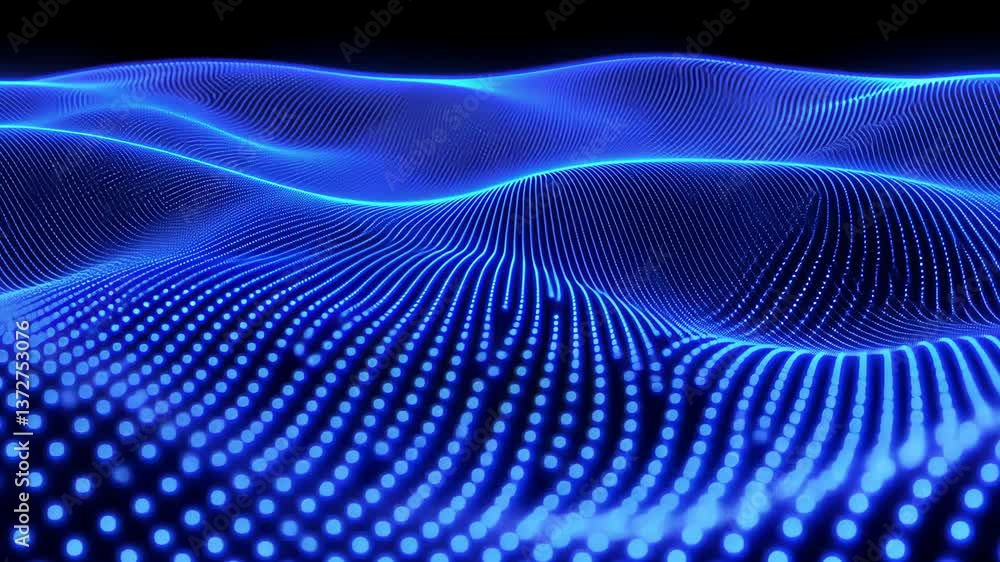 Digital landscape of blue waves with glowing dots in a surreal virtual setting Digital landscape of blue waves with glowing dots in a surreal virtual setting