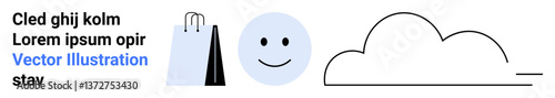 happy face alongside a shopping bag and simple cloud illustration combining concepts of happiness, shopping, and nature. Ideal for retail, weather, positivity, minimal design, communication
