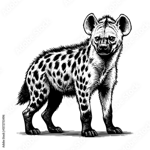 Hyena on savanna sketch engraving black and white outline. Scratch board imitation.