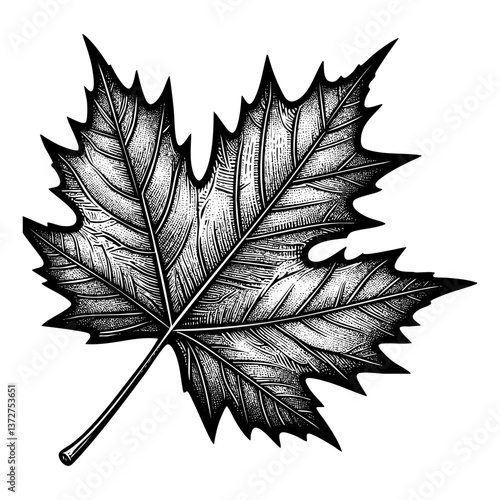 Single maple leaf engraving black and white outline. Scratch board imitation.  illustrated in vintage line art style on a white background.