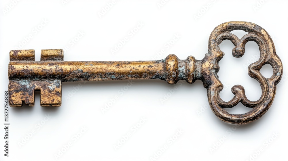 Antique Golden Key on White Backdrop Symbolizing Access Security and Vintage Charm with Intricate Design and Detailed Craftsmanship Antique Golden Key on White Backdrop Symbolizing Access Security and Vintage Charm with Intricate Design and Detailed Craftsmanship