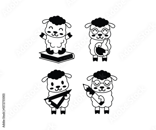 Cute Cartoon Sheep Students Studying in Black and White Color Vector Design