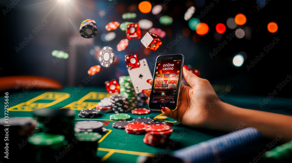 Hand holding smartphone with online casino app. Digital gambling concept. Poker chips and abstract casino coins on blurred background