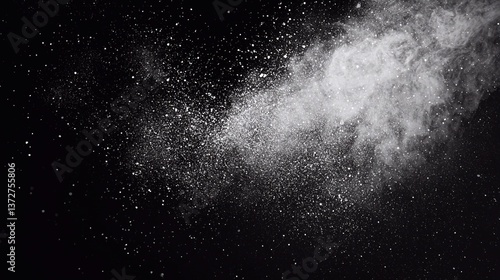Spectacular display of white powder swirling in the darkness, creating a mesmerizing dust cloud effect in the air