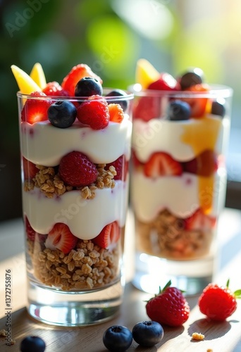 Wallpaper Mural Two glasses filled with layers of colorful fruit parfait. The parfaits consist of alternating layers of creamy yogurt, crunchy granola, and a variety of fresh fruits including strawberries. Torontodigital.ca