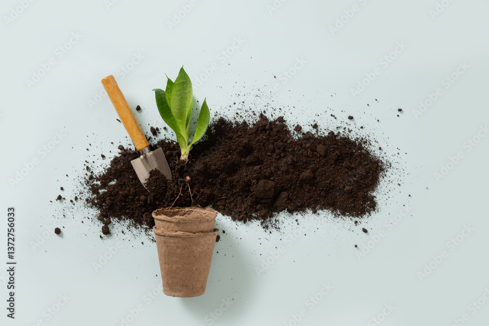 Various gardening hand tools, flower and soil on blue background. Spring gardening. Concept season planting, work and hobby. Top view.