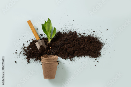 Obraz na płótnie Various gardening hand tools, flower and soil on blue background. Spring gardening. Concept season planting, work and hobby. Top view. w salonie