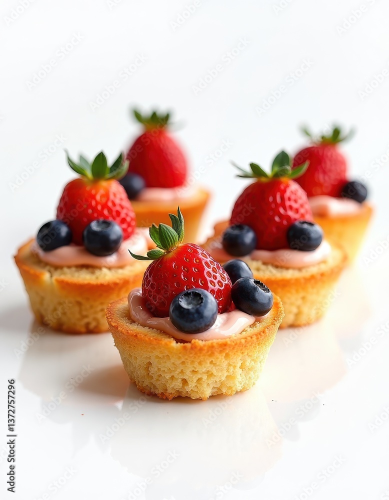 This image showcases delightful mini fruit tarts. The tarts consist of small golden sponge cake cups filled with a light pink cream or custard. Each tart is topped with fresh. This image showcases delightful mini fruit tarts. The tarts consist of small golden sponge cake cups filled with a light pink cream or custard. Each tart is topped with fresh.