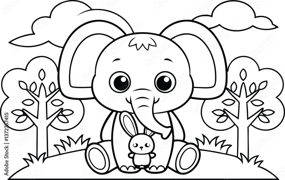 Fototapeta premium Cartoon Elephant with Bunny in a Forest Outline Illustration, Line art, Cute