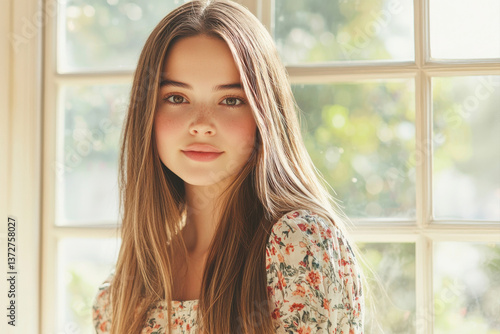 A young woman with long hair poses gracefully by a sunlit window. Free Download A young woman with long hair poses gracefully by a sunlit window. - GFXLoad