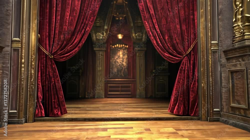 Elegant theatre stage with rich red curtains and wooden flooring illuminated by soft light