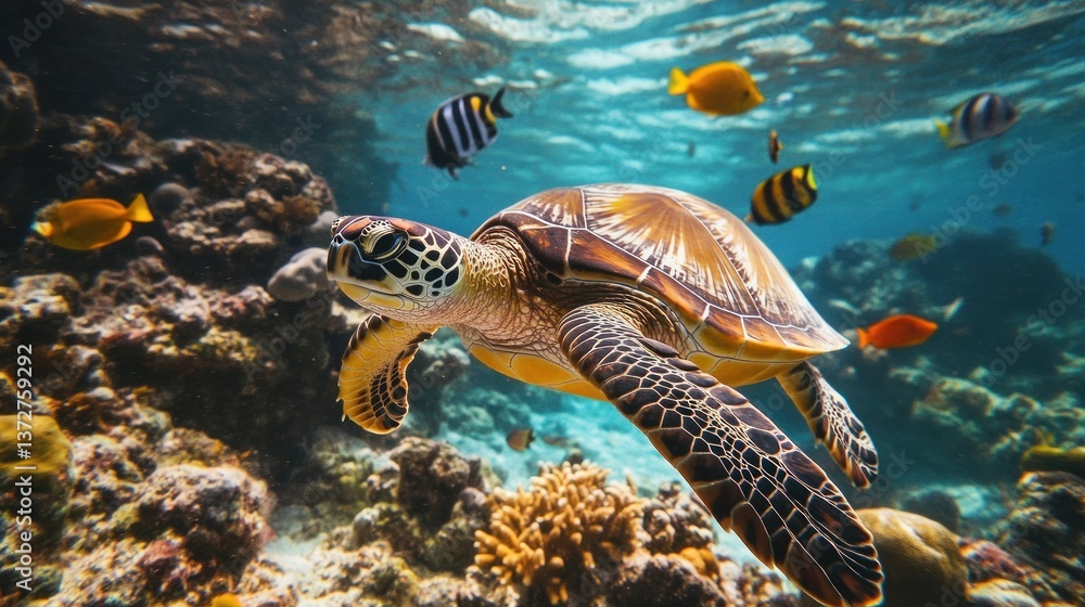 Fototapeta premium Sea Turtle Swimming Underwater with Colorful Fish Near a Coral Reef