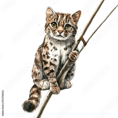 A watercolor vector of a fishing cat, isolated on a white background. Fishing cat vector.

