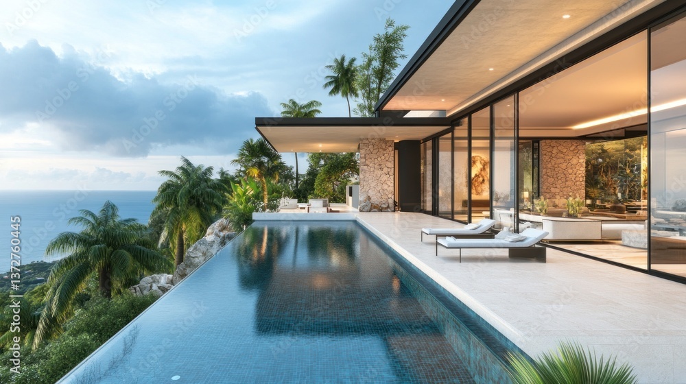 Fototapeta premium Luxury Villa with Infinity Pool Overlooking Ocean and Lush Tropical Forest