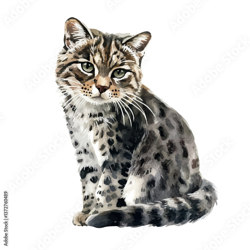 A watercolor vector of a fishing cat, isolated on a white background. Fishing cat vector.

