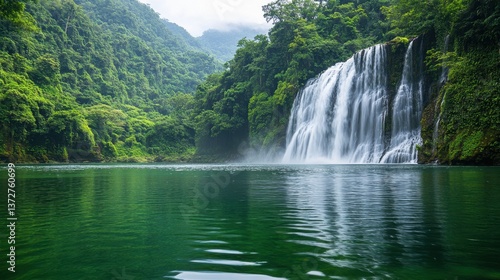 Serene waterfall cascading into emerald lake surrounded by lush tropical forest in a peaceful landscape scenic view nature photography