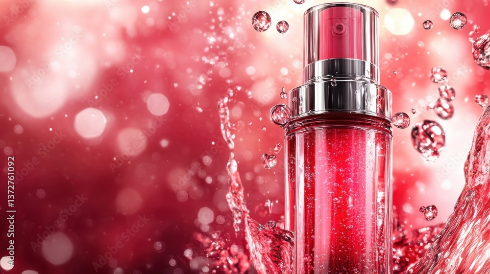 Elegant bottle of pink liquid with floating elements on a clean background representing modern cosmetic product design Elegant bottle of pink liquid with floating elements on a clean background representing modern cosmetic product design