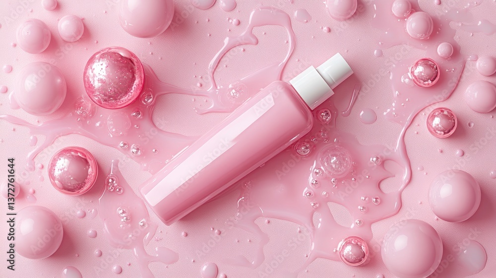 Close-up of a vibrant pink bottle of liquid in an abstract 3d mockup style emphasizing color and design elements Close-up of a vibrant pink bottle of liquid in an abstract 3d mockup style emphasizing color and design elements
