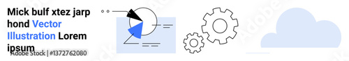 Pie chart with shaded sections and an arrow, two gear shapes, and a cloud. Ideal for teamwork, workflow, process optimization, data analysis, research, business strategy simple landing page