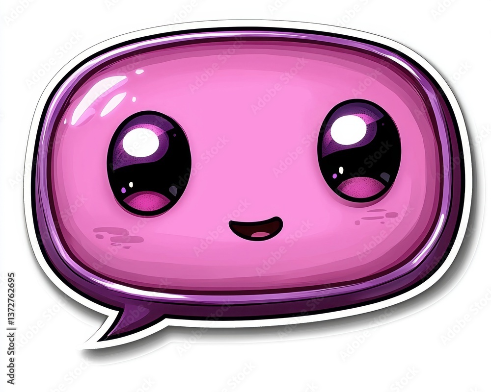Fototapeta premium A cute, animated pink speech bubble character with large, expressive eyes and a smiling mouth.