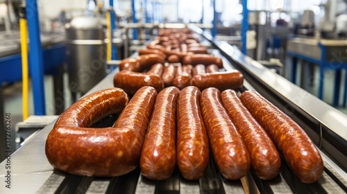 A bird's-eye view of a sausage-making production line in a processing factory.