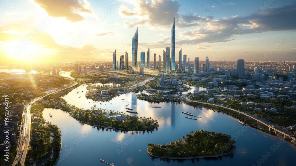 Obraz premium Aerial view of modern skyline at sunset urban landscape cityscape vibrant environment serene perspective futuristic concept