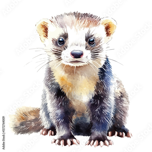 A watercolor vector of a ferret, isolated on a white background. Ferret vector.

