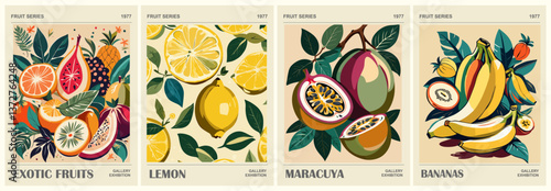 Set of Fruit market retro posters with lemon, maracuja, banana fruits. Kitchen wall art. Colorful vector illustrations