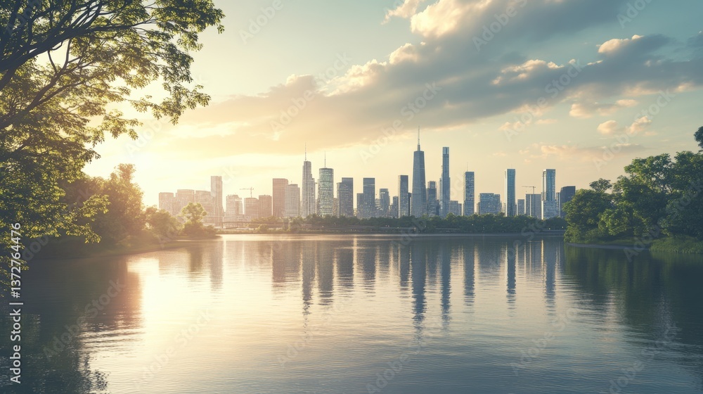 Fototapeta premium a clean and bright futuristic city, distant shot, photo render, 