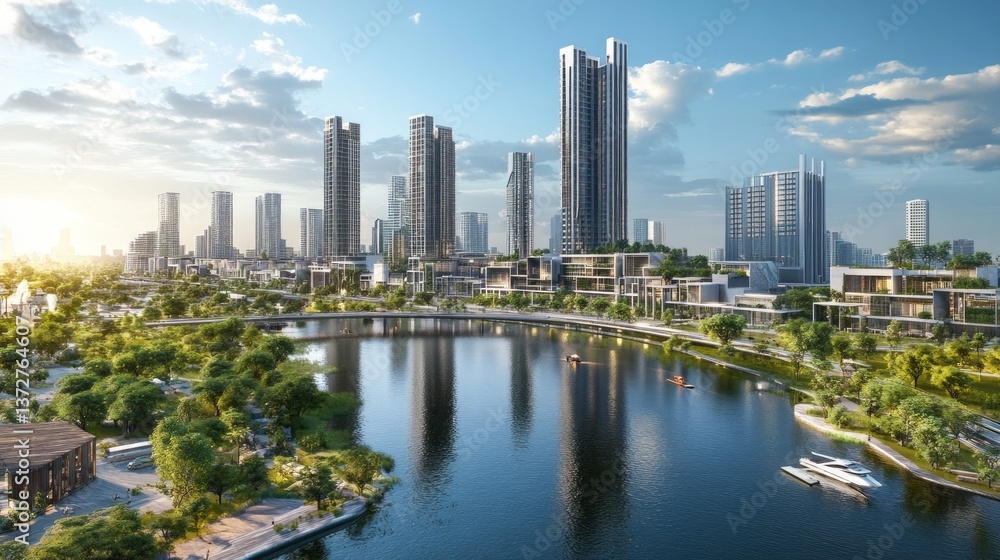 Obraz premium Urban development and transformation waterfront city landscape photography modern architecture aerial view sustainable living